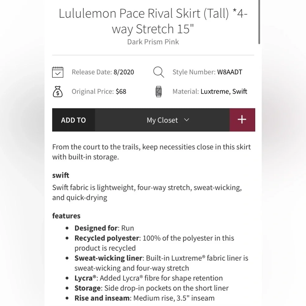 Lululemon Pace Rival Skirt (Tall) *4-way Stretch 15" in Dark Prism Pink. - Picture 3 of 9